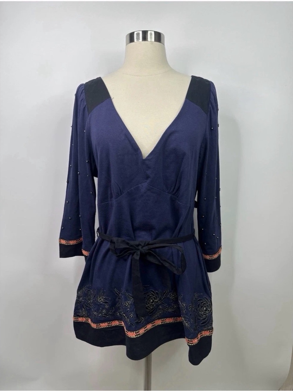 Anthropologie Women’s Navy V-Neck Embellished Tunic with Waist Tie